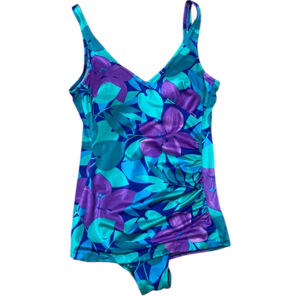 Vintage 70s Maxine of Hollywood Blue Purple Floral One-Piece Swimsuit size 14 - Picture 16 of 16